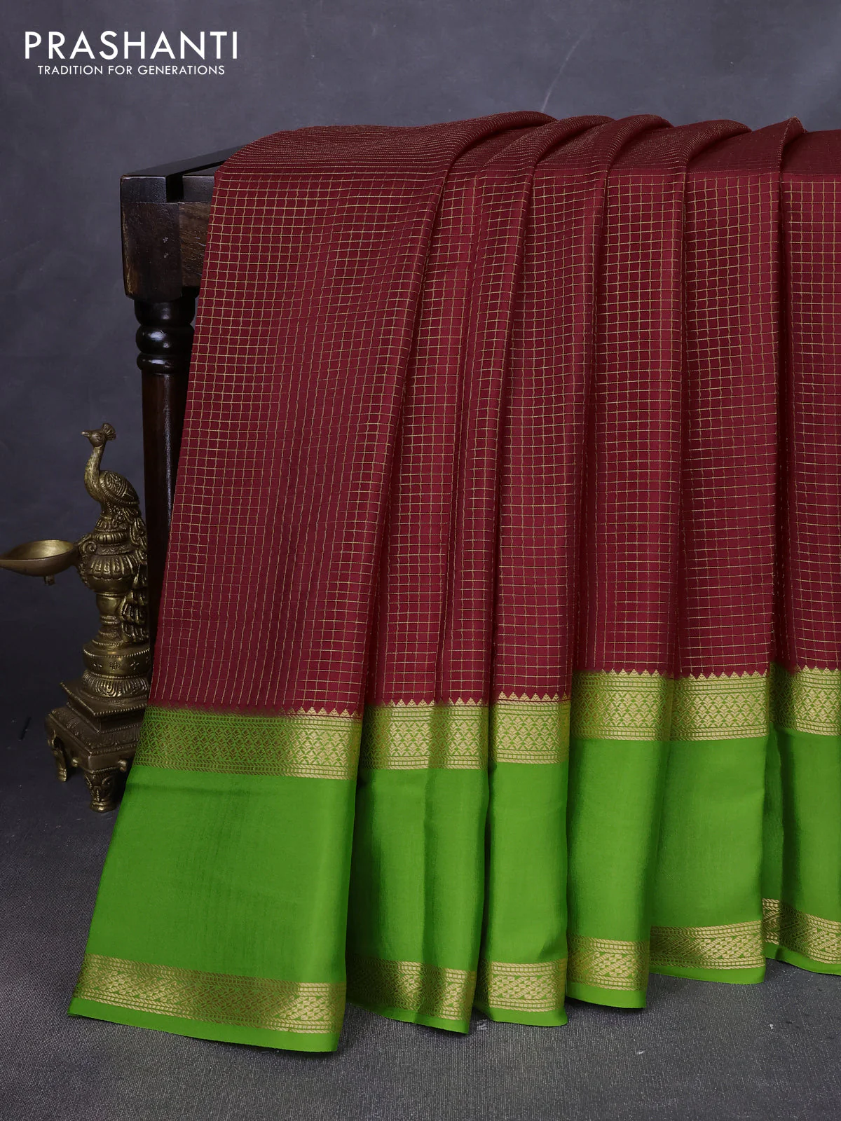 Pure mysore silk saree deep maroon and light green with allover zari woven checked pattern and rettapet zari woven border