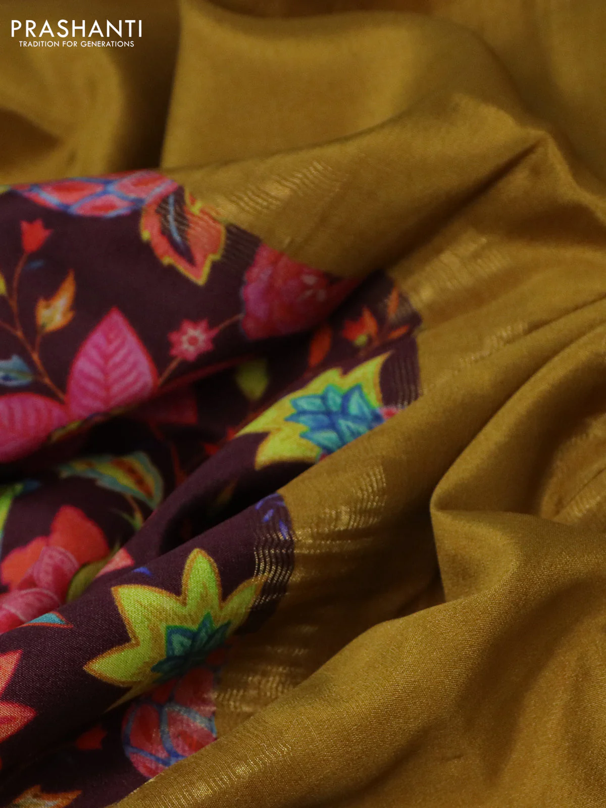 Pure mysore silk saree deep maroon and mustard yellow with kalamkari digital prints and long zari woven border - Image 3