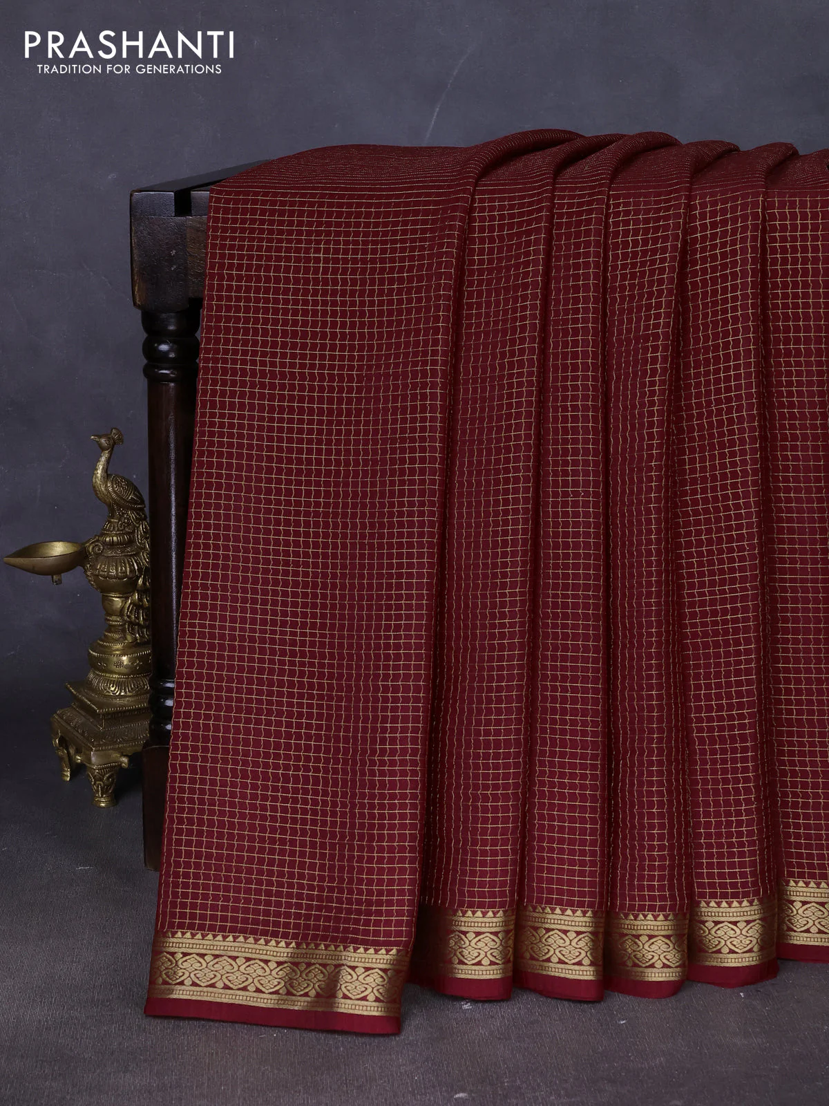 Pure mysore silk saree deep maroon with allover zari small checked pattern and zari woven border