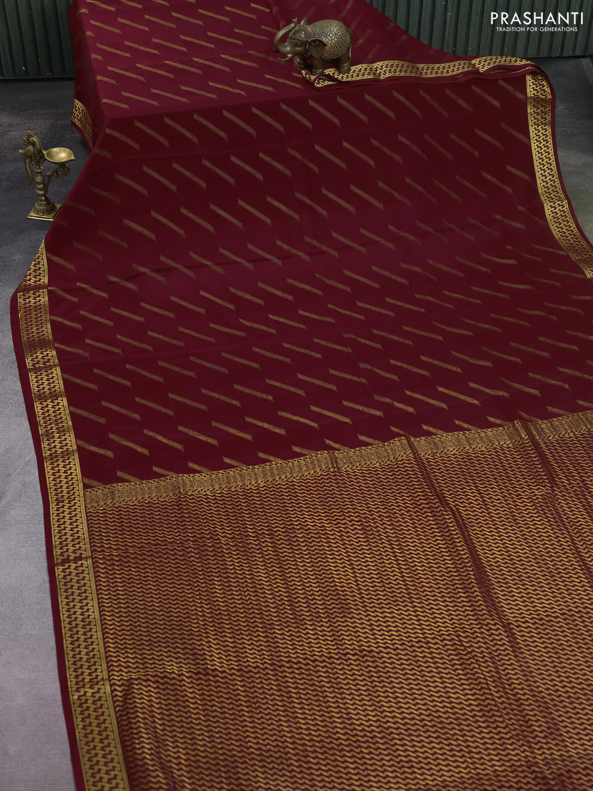 Pure mysore silk saree deep maroon with allover zari woven buttas and zari woven border - Image 2