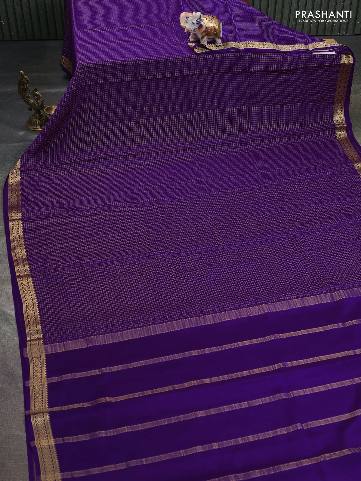 Pure mysore silk saree deep purple with allover zari small checked pattern and zari woven border - Image 2
