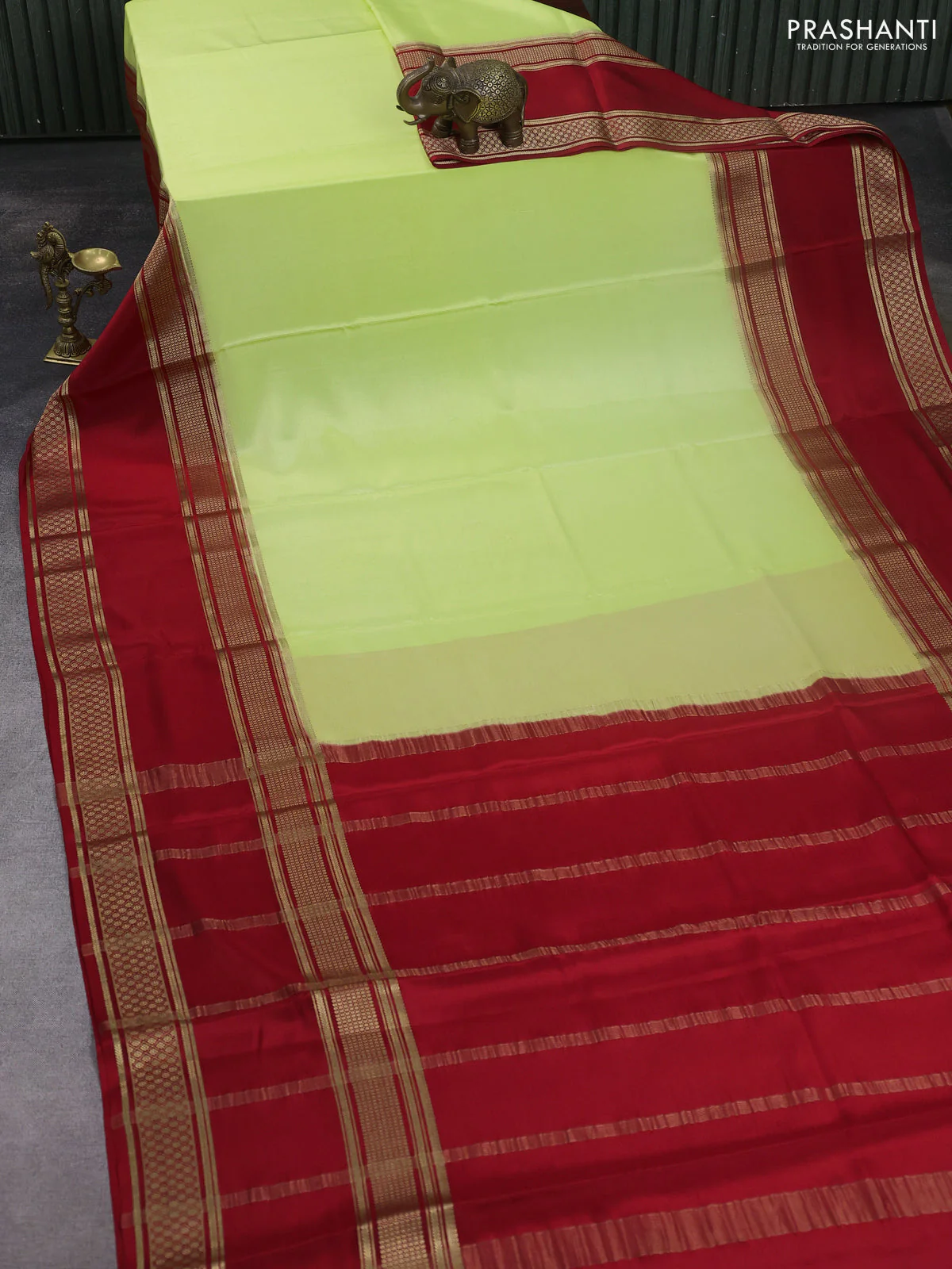 Pure mysore silk saree fluorescent green and red with plain body and rettapet zari woven border - Image 2