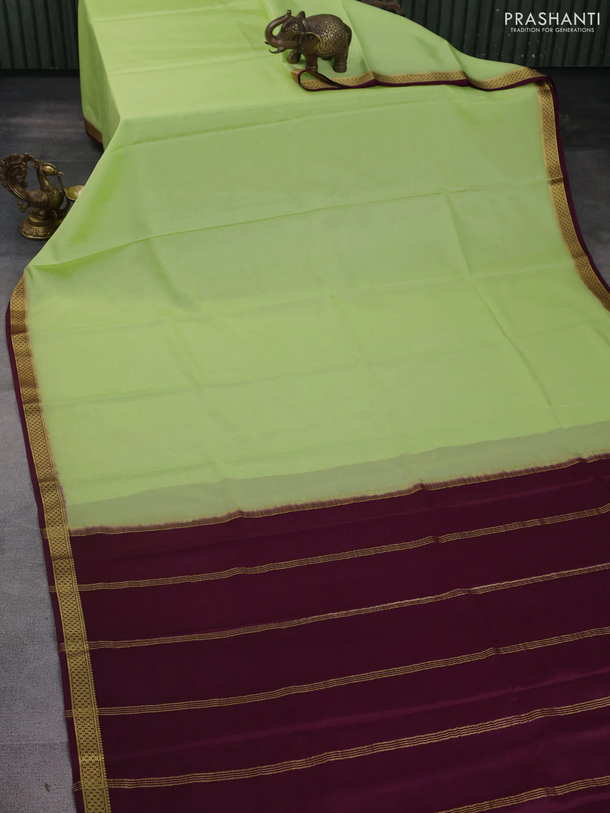 Pure mysore silk saree fluorescent green and wine shade with plain body and zari woven border - Image 2