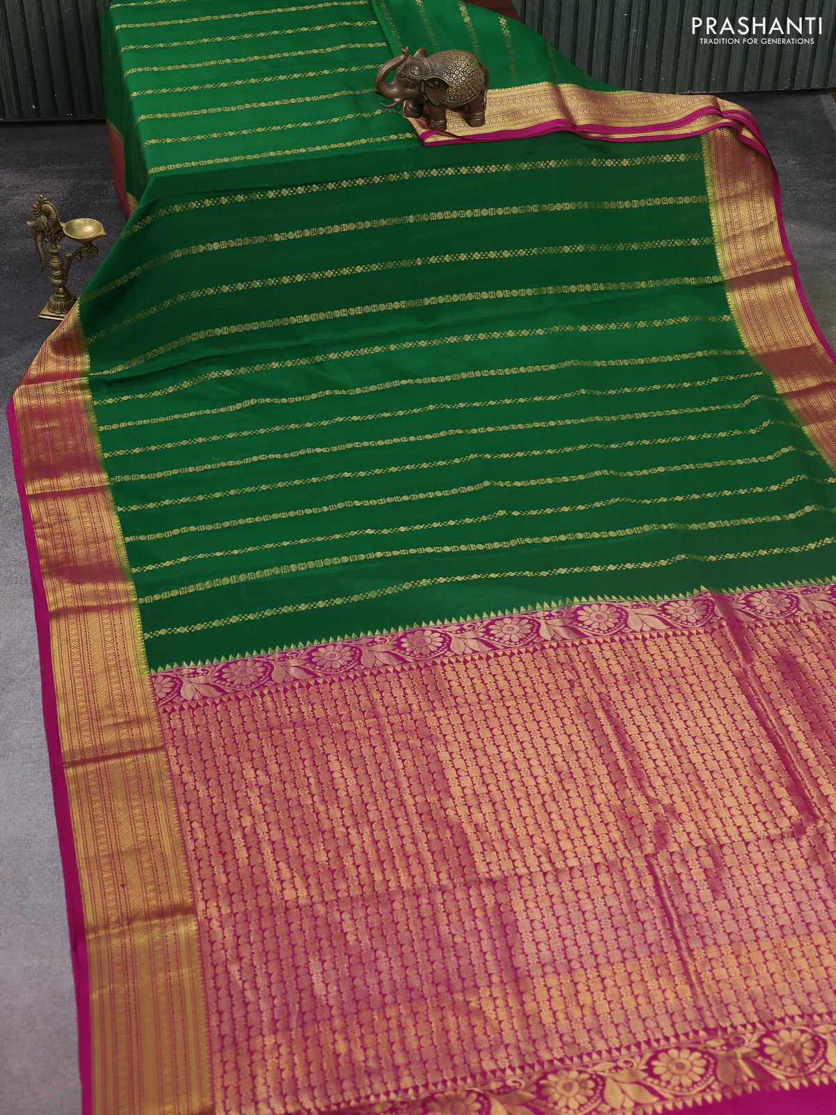 Pure mysore silk saree green and magenta pink with allover zari stripes pattern and zari woven border - Image 2