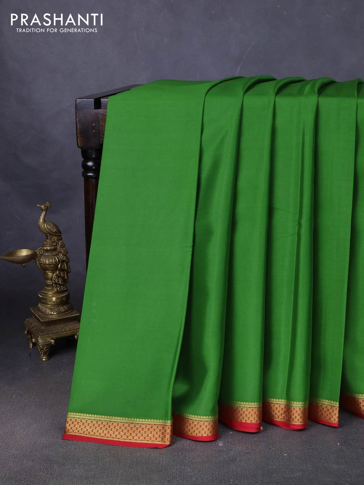 Pure mysore silk saree green and maroon with plain body and zari woven border
