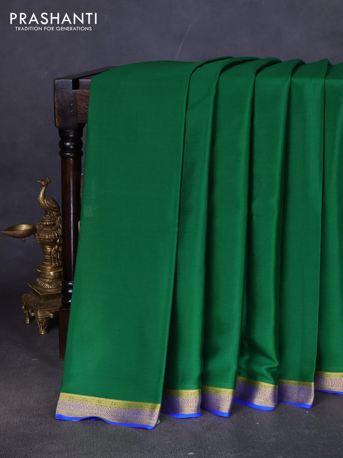 Pure mysore silk saree green and royal blue with plain body and zari woven border