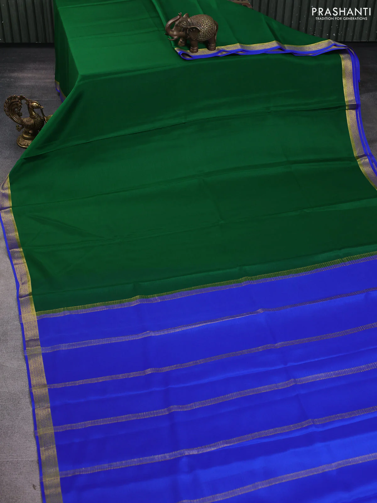 Pure mysore silk saree green and royal blue with plain body and zari woven border - Image 2