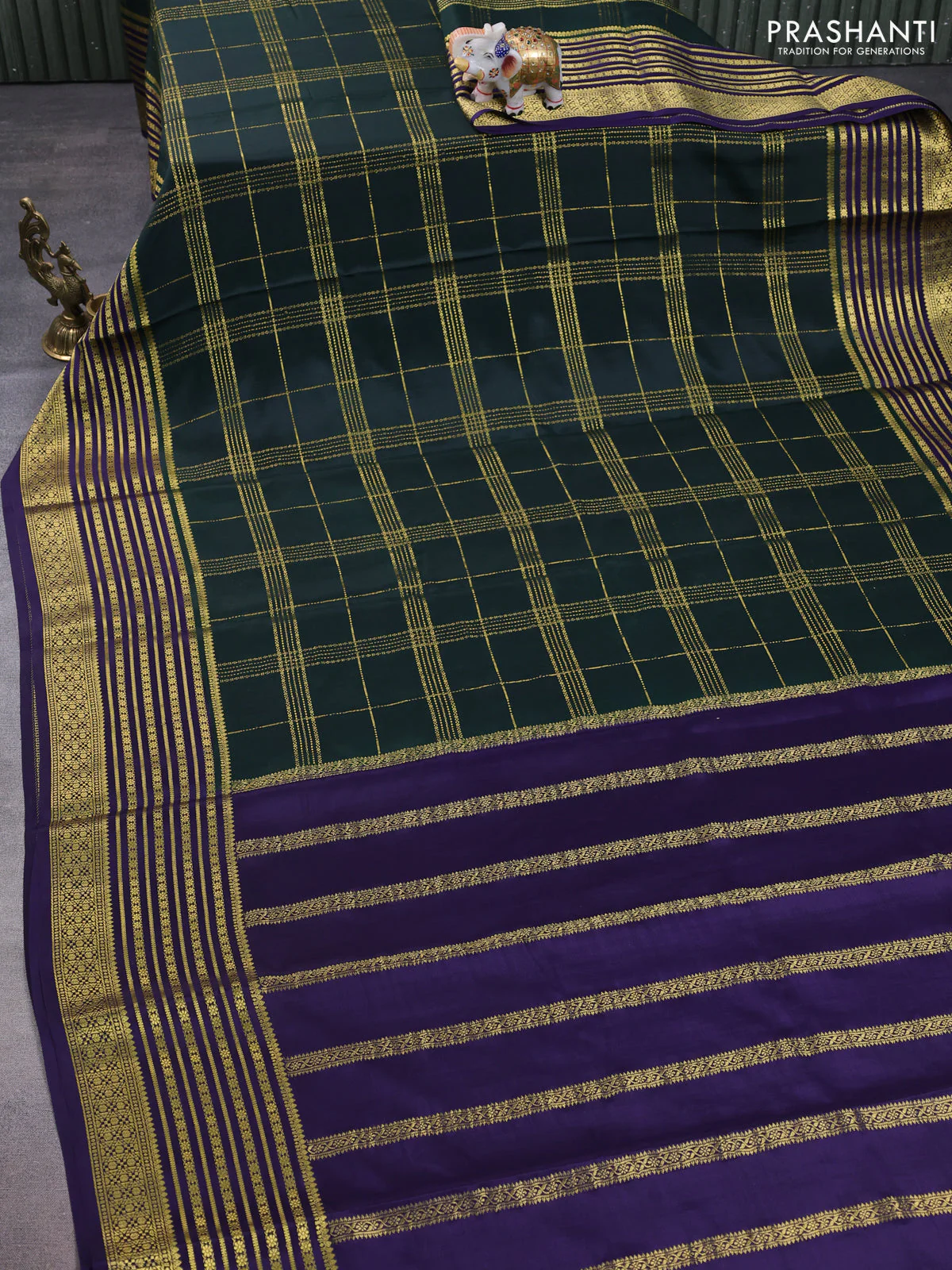 Pure mysore silk saree green and violet with allover zari woven stripes pattern and zari woven border - Image 2