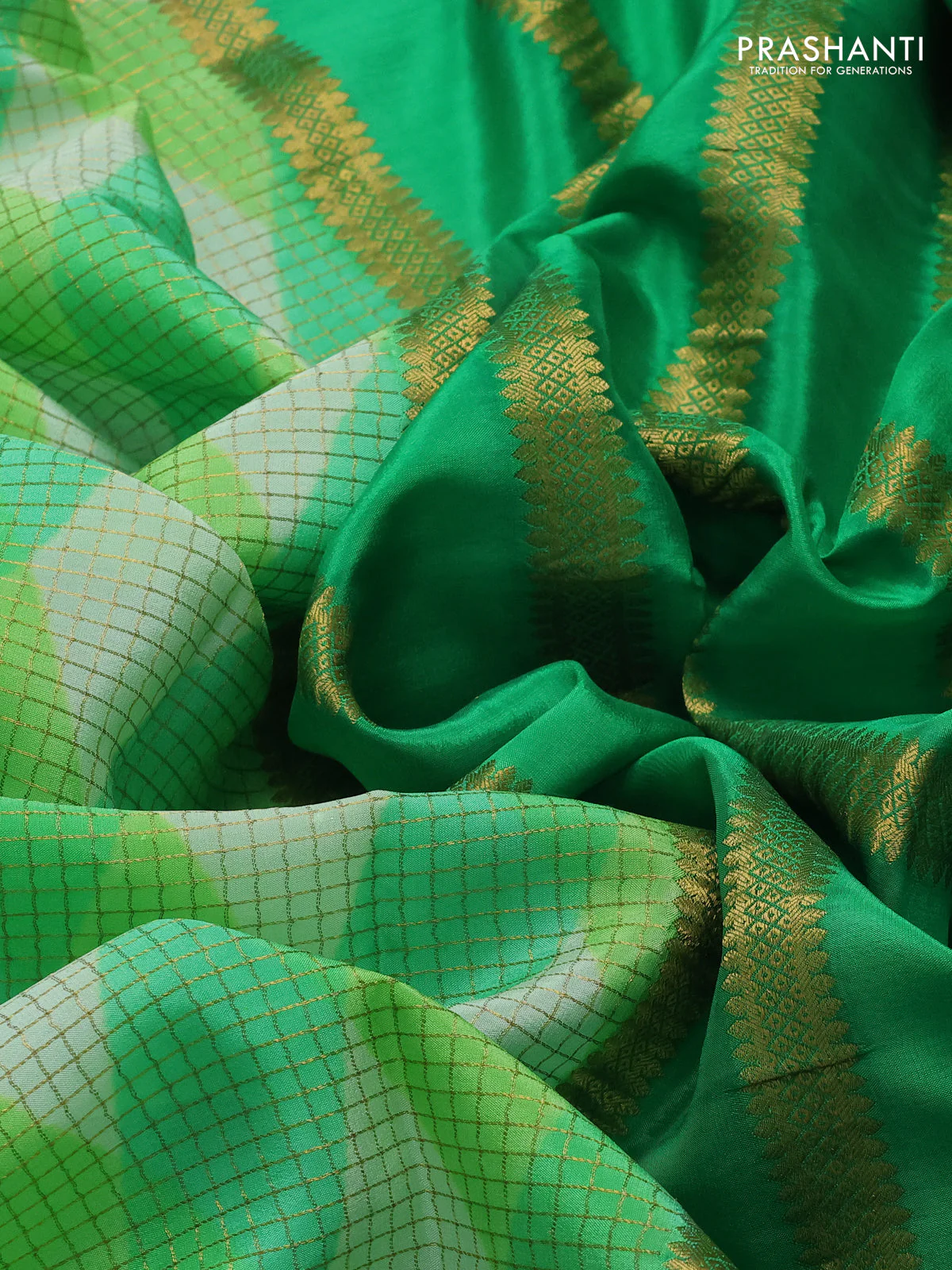 Pure mysore silk saree green with allover checks & geometric prints and rettapet zari woven border - Image 3