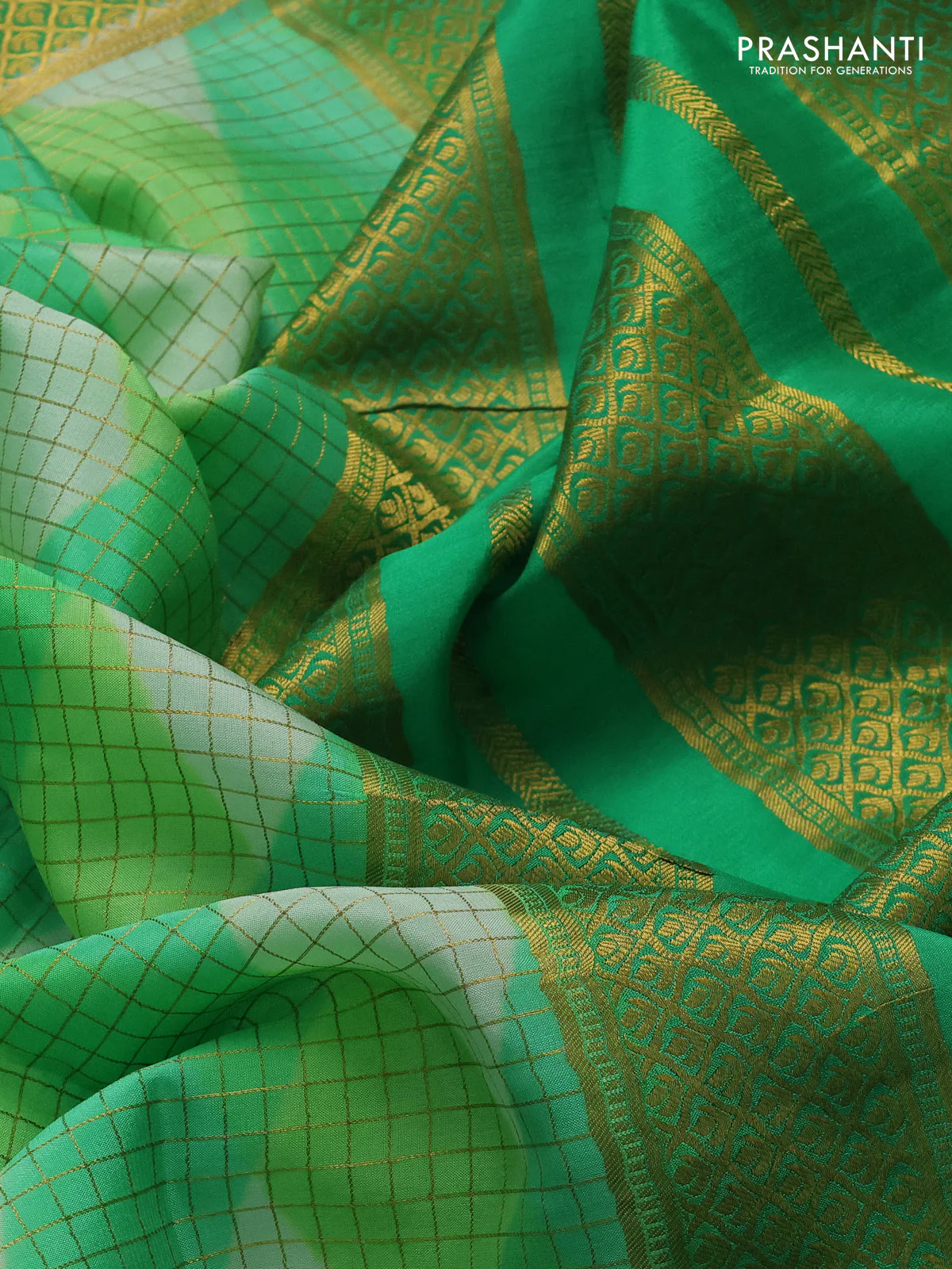 Pure mysore silk saree green with allover checks & geometric prints and rettapet zari woven border - Image 3