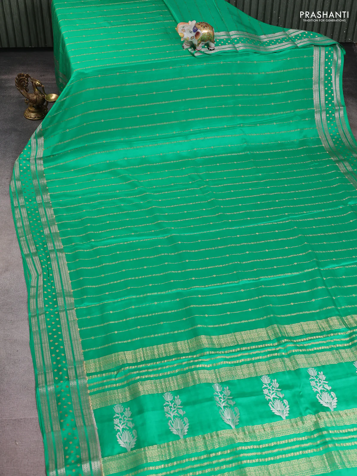 Pure mysore silk saree green with allover zari weaves and zari woven border - Image 2