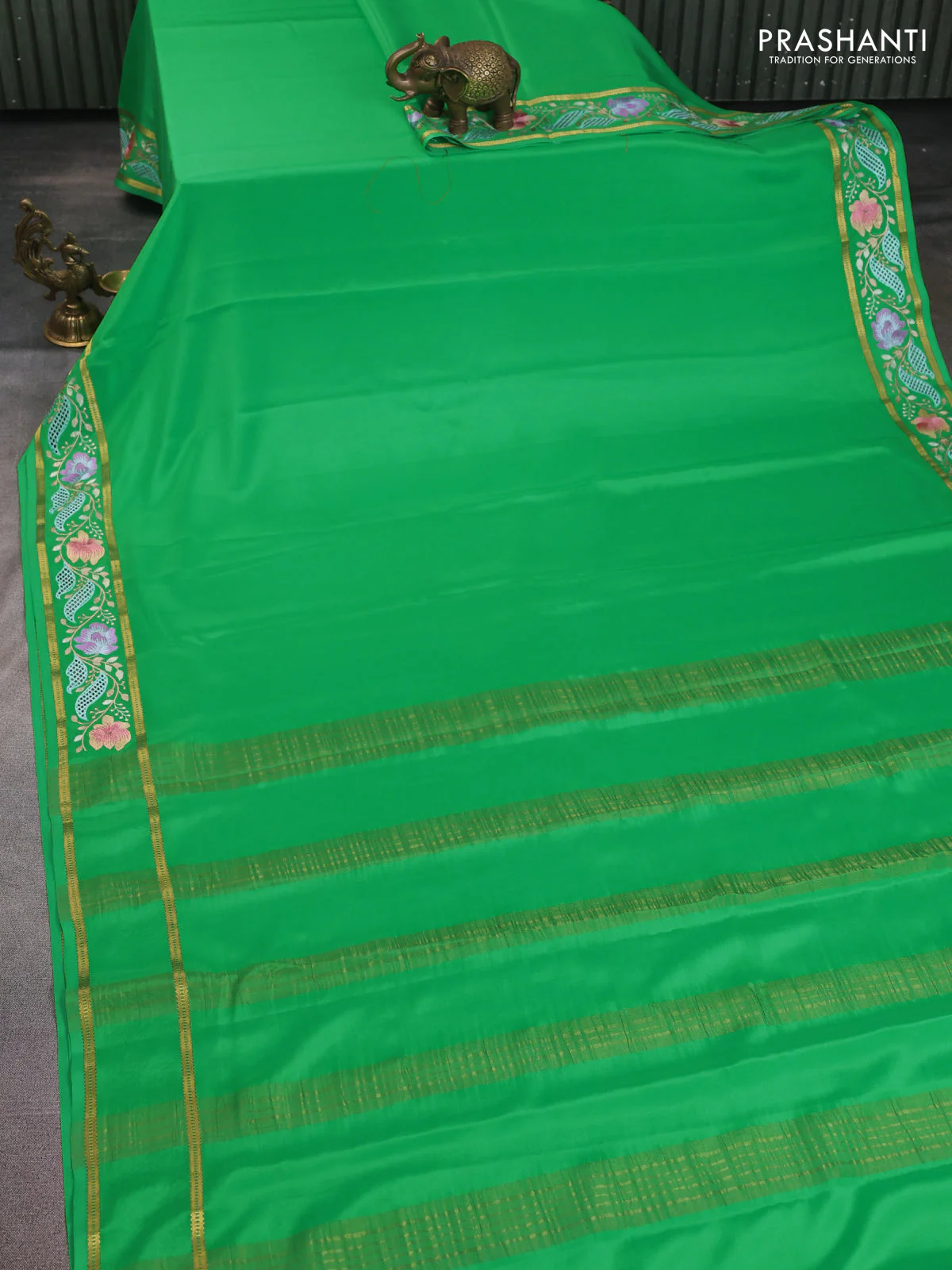 Pure mysore silk saree green with plain body and floral embroidery cut work border - Image 2