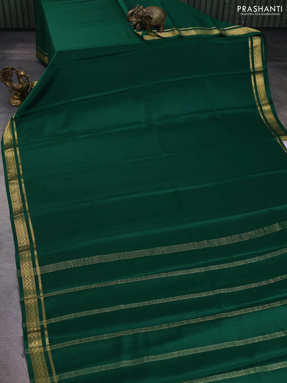 Pure mysore silk saree green with plain body and zari woven border - Image 2