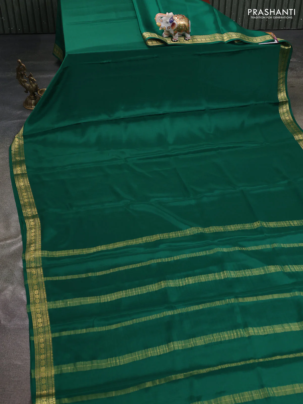 Pure mysore silk saree green with plain body and zari woven border - Image 2
