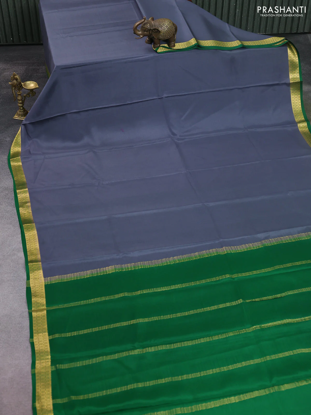 Pure mysore silk saree grey and green with plain body and zari woven border - Image 2