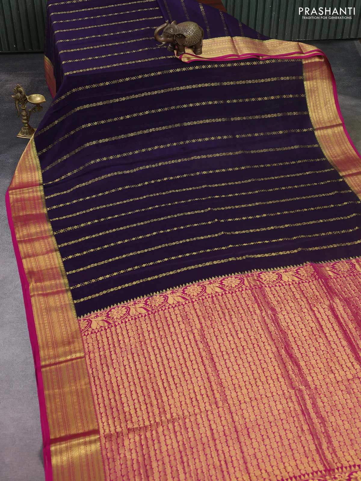 Pure mysore silk saree jamun shade and dark pink with allover zari stripes pattern and zari woven border - Image 2