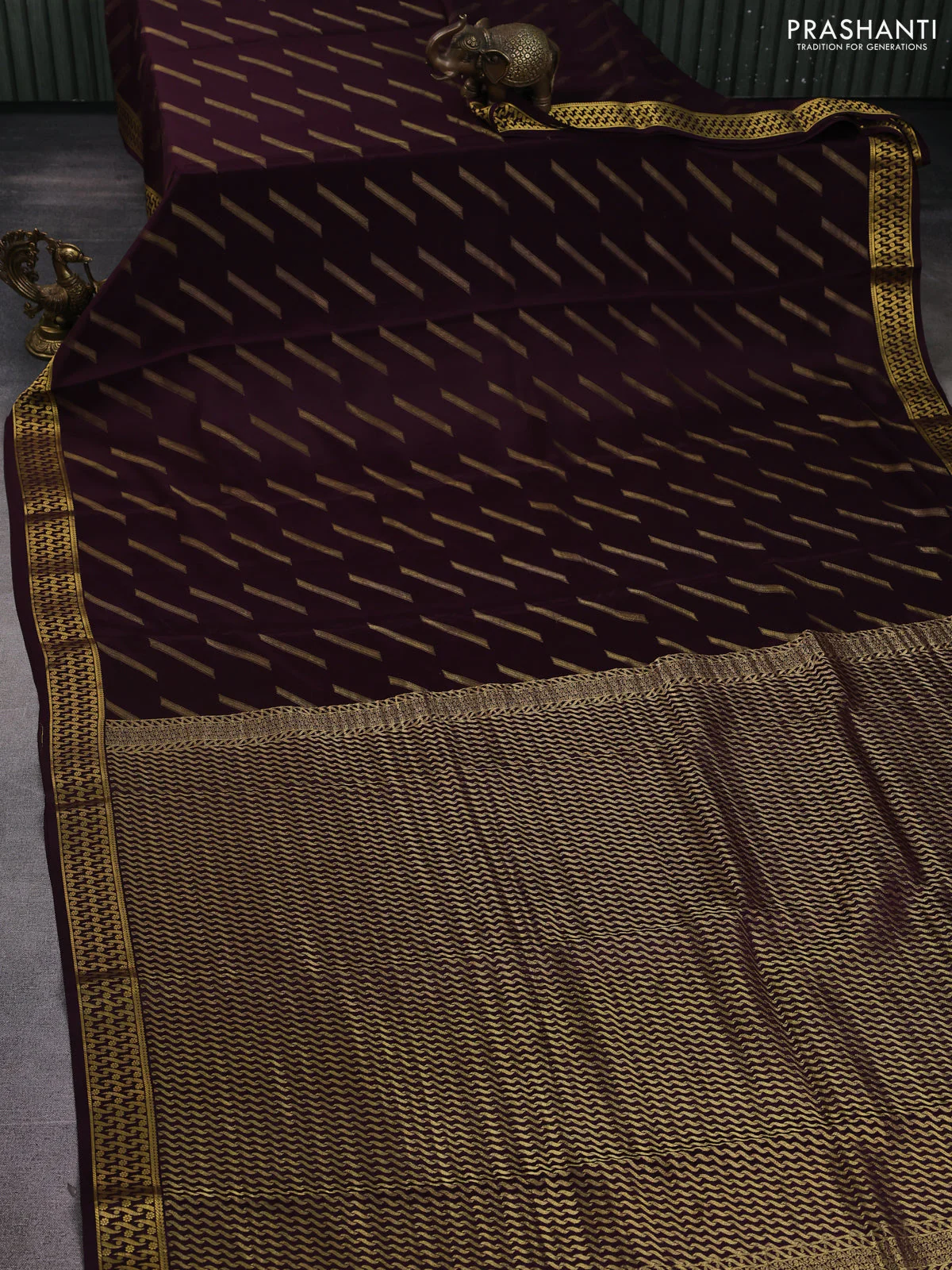 Pure mysore silk saree jamun shade with allover zari woven buttas and zari woven border - Image 2