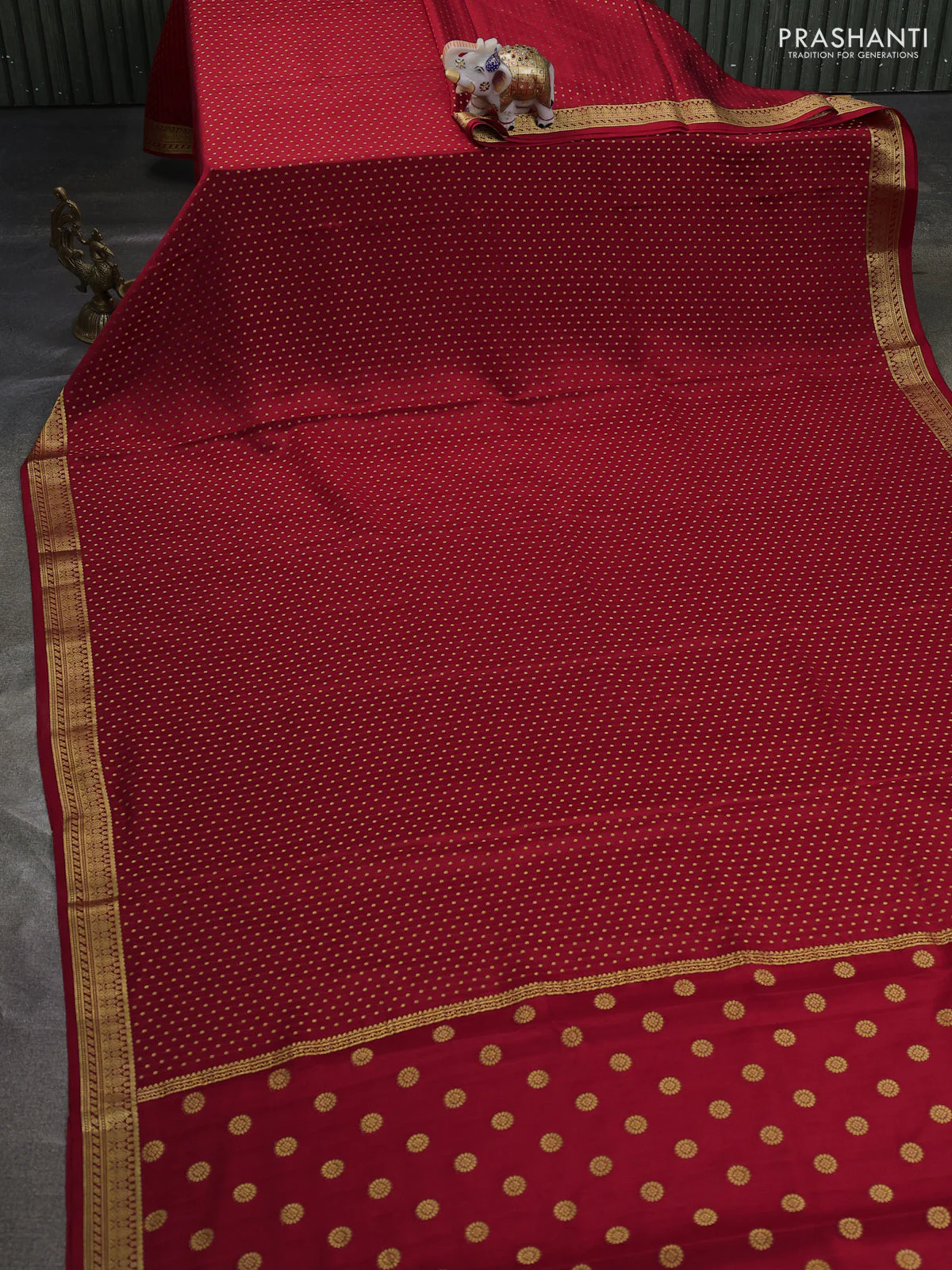 Pure mysore silk saree kumkum red with allover zari woven buttas and zari woven border - Image 2