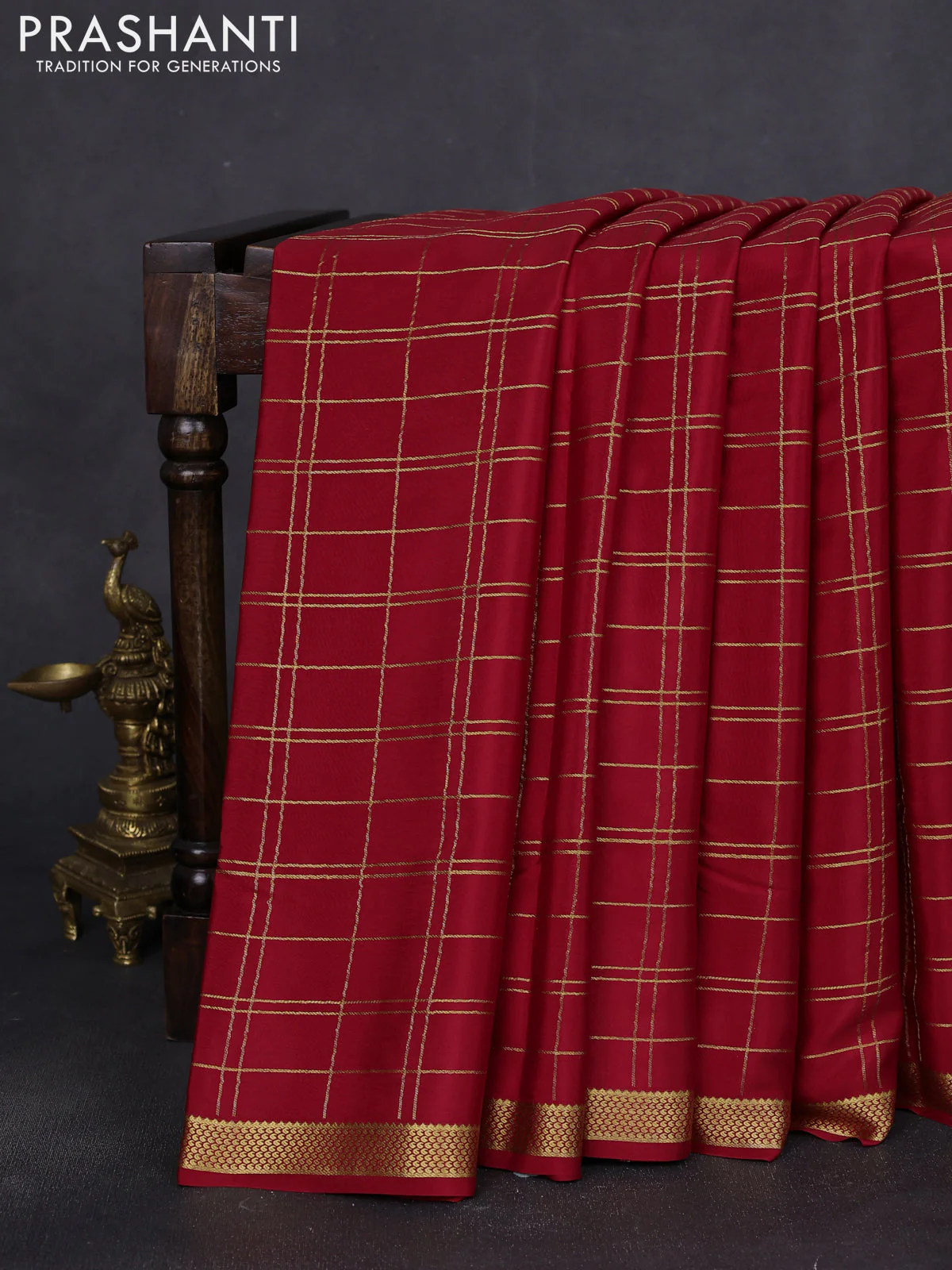 Pure mysore silk saree kumkum red with allover zari woven checked pattern and zari woven border