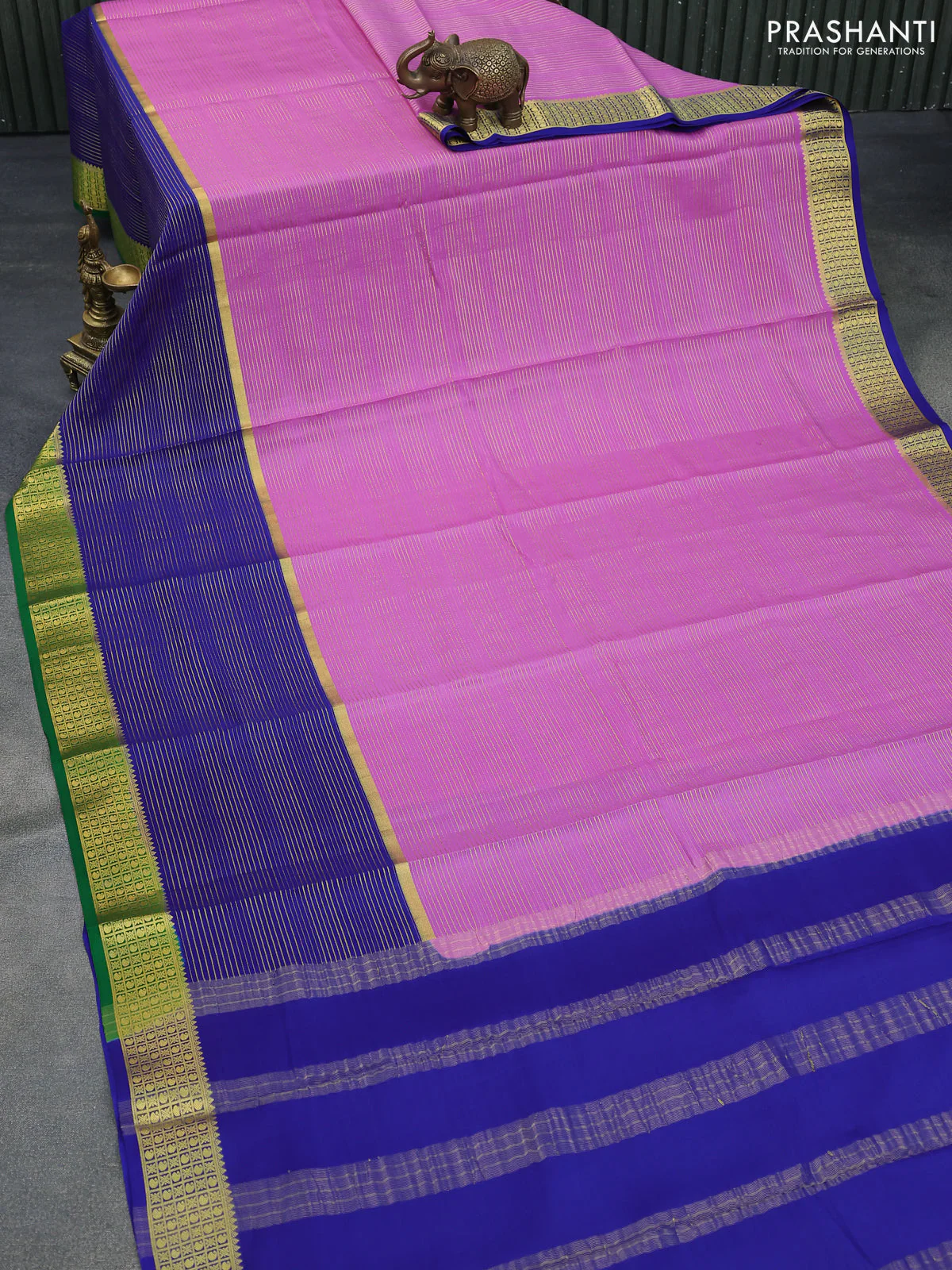 Pure mysore silk saree lavender and blue green with allover zari stripe weaves and long zari woven border - Image 2