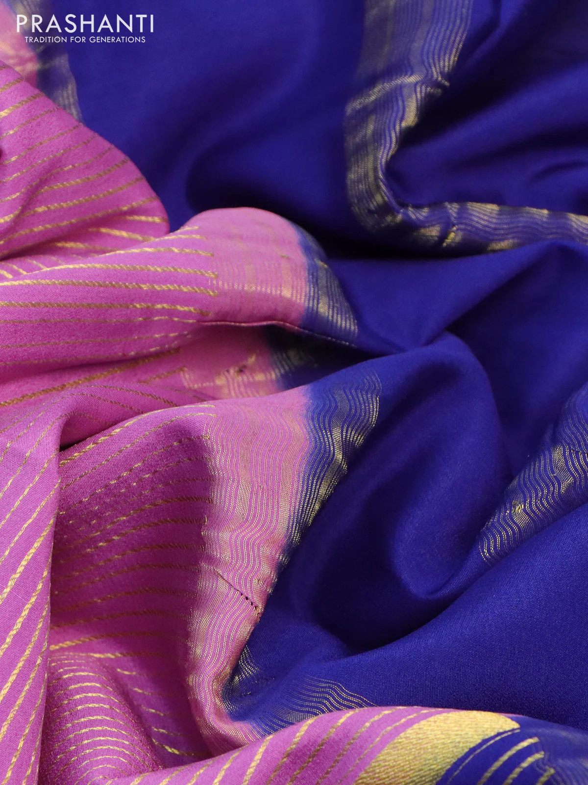 Pure mysore silk saree lavender and blue green with allover zari stripe weaves and long zari woven border - Image 3