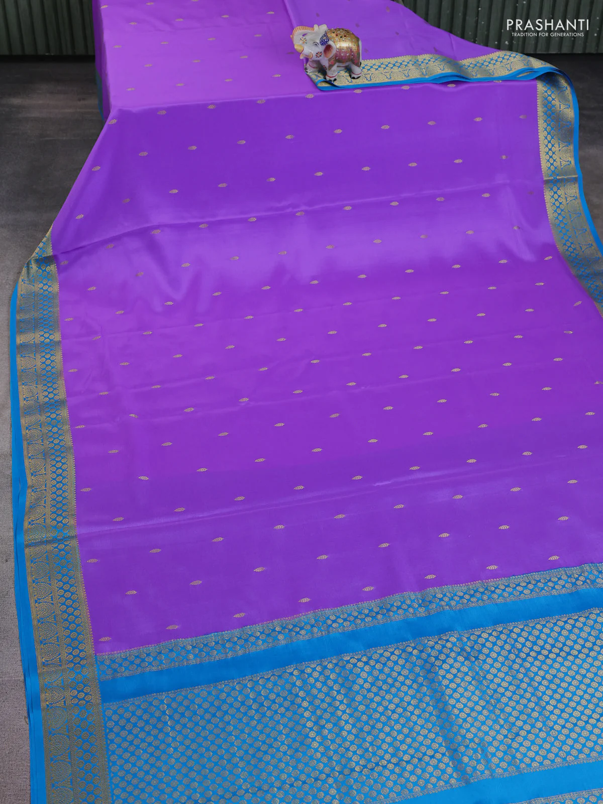 Pure mysore silk saree lavender and cs blue with allover zari woven buttas and zari woven border - Image 2