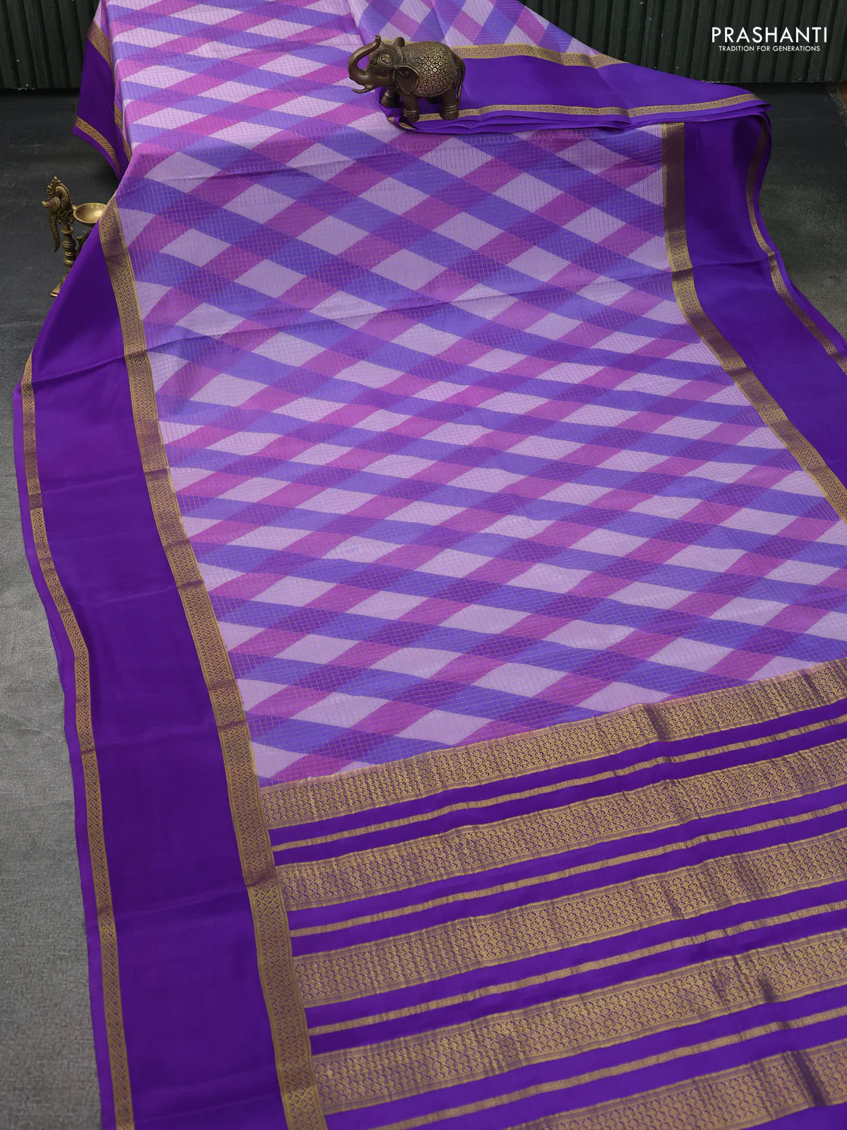 Pure mysore silk saree lavender and violet shade with allover checks & geometric prints and rettapet zari woven border - Image 2