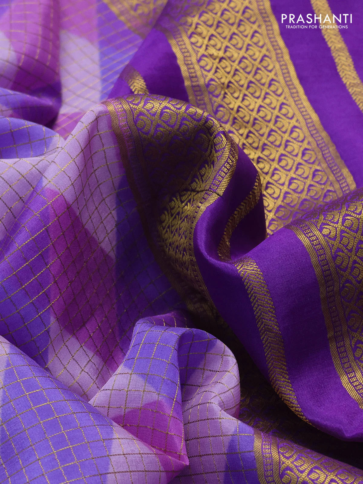 Pure mysore silk saree lavender and violet shade with allover checks & geometric prints and rettapet zari woven border - Image 3