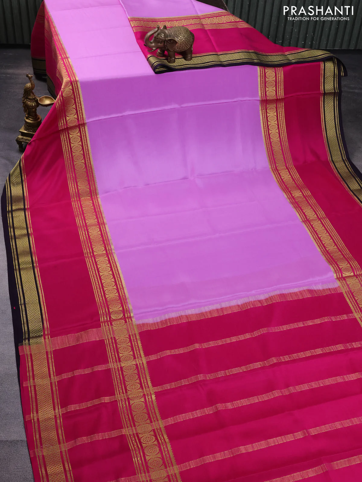 Pure mysore silk saree lavender shade and pink navy blue with plain body and long rettapet zari woven border - Image 2