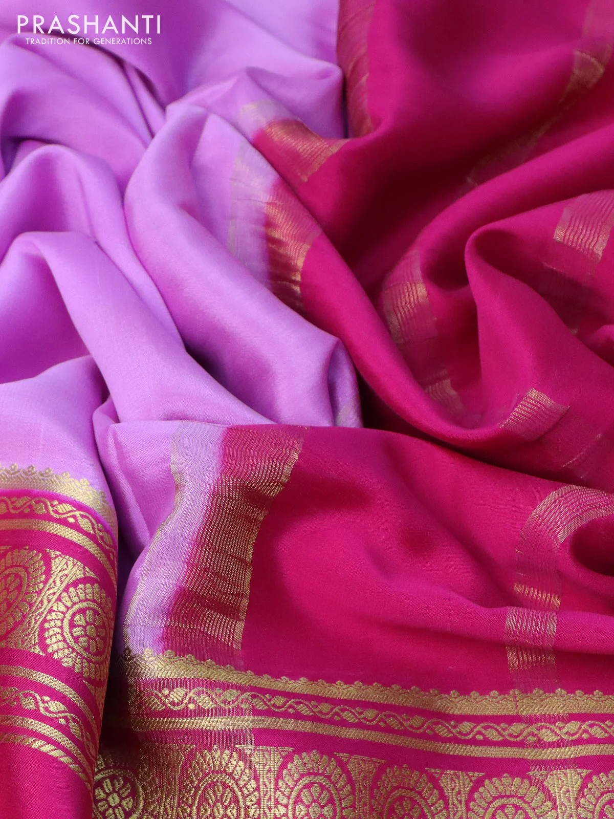 Pure mysore silk saree lavender shade and pink navy blue with plain body and long rettapet zari woven border - Image 3