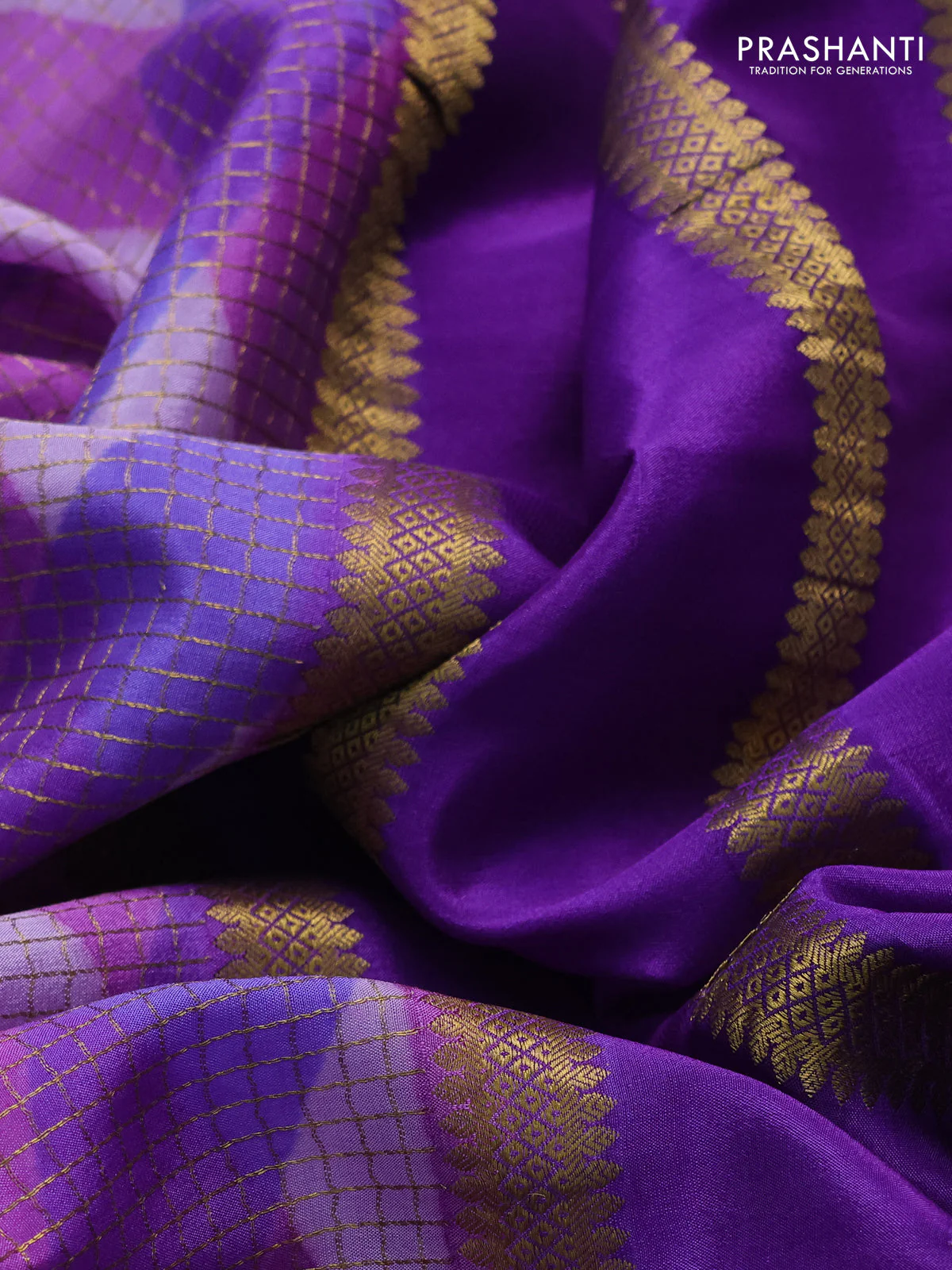 Pure mysore silk saree lavender shade with allover checks & geometric prints and rettapet zari woven border - Image 3