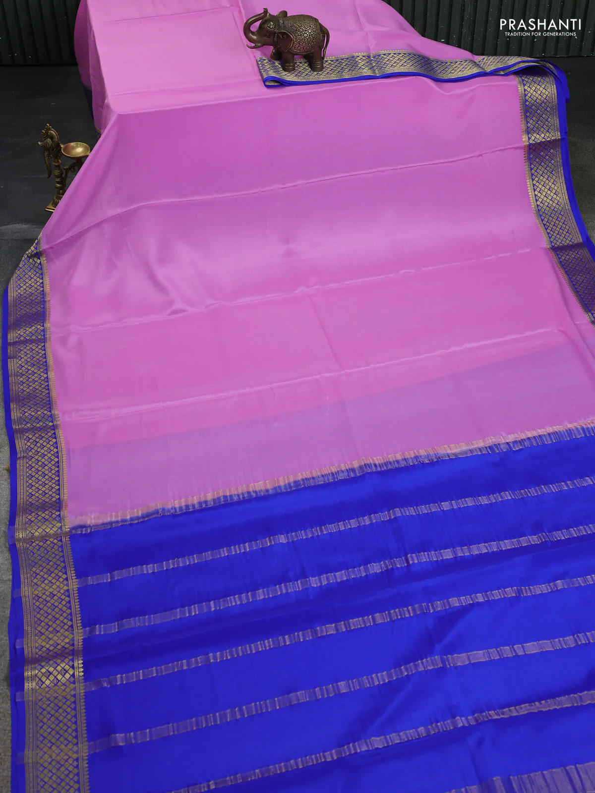 Pure mysore silk saree light blue and blue with plain body and zari woven border - Image 2