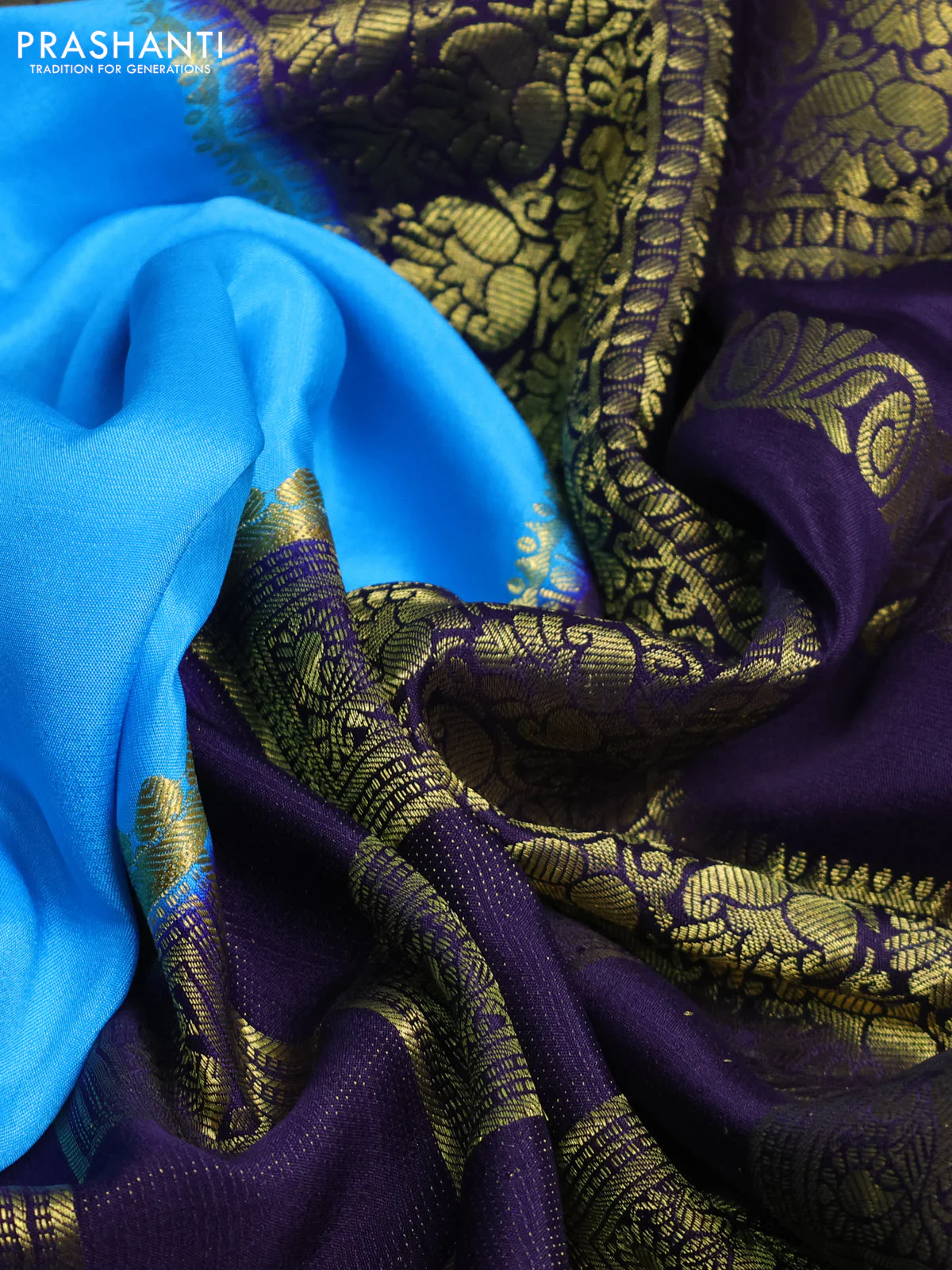 Pure mysore silk saree light blue and navy blue with half & half style and zari woven border - Image 2