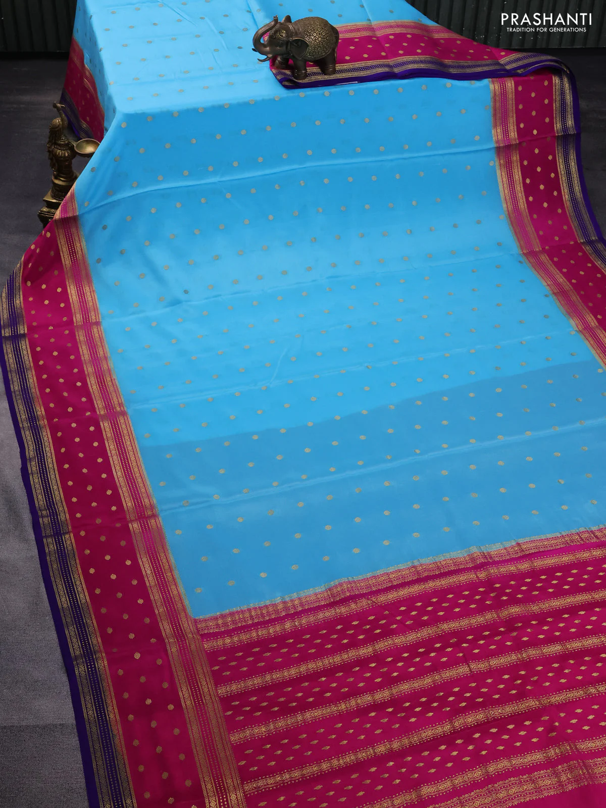 Pure mysore silk saree light blue and pink blue with zari woven buttas and rich zari woven border - Image 2
