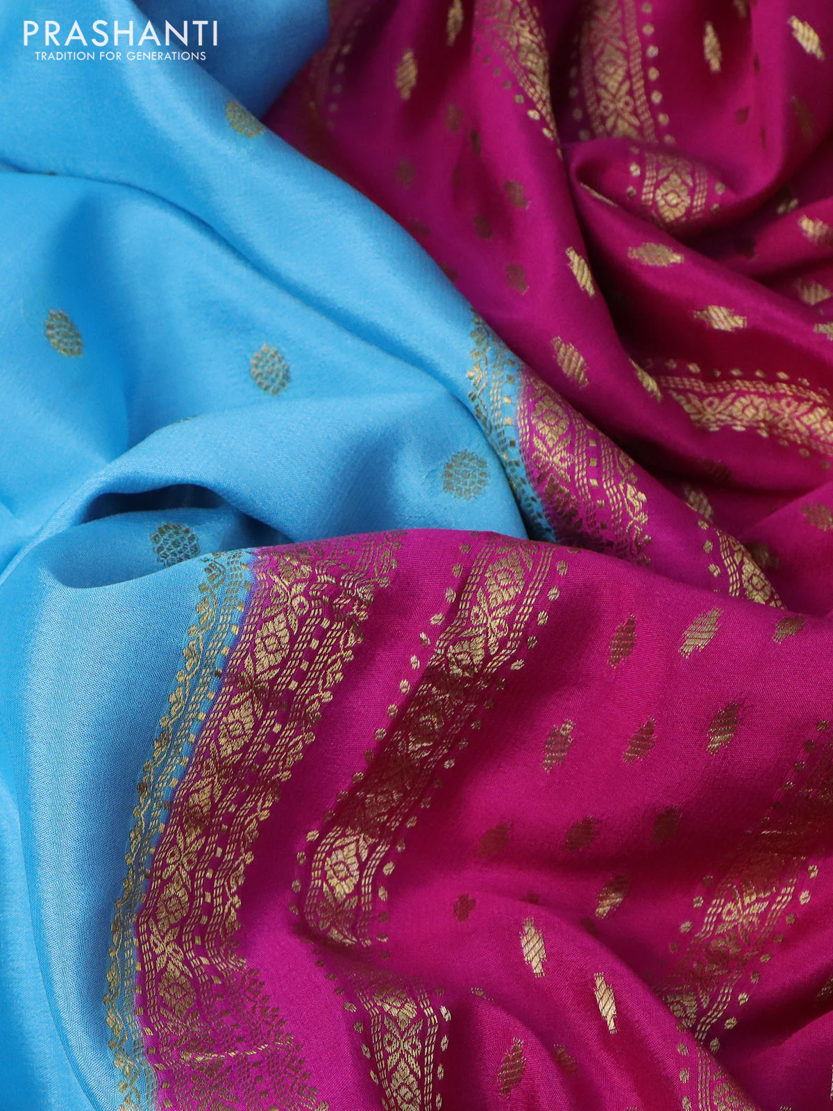 Pure mysore silk saree light blue and pink blue with zari woven buttas and rich zari woven border - Image 3