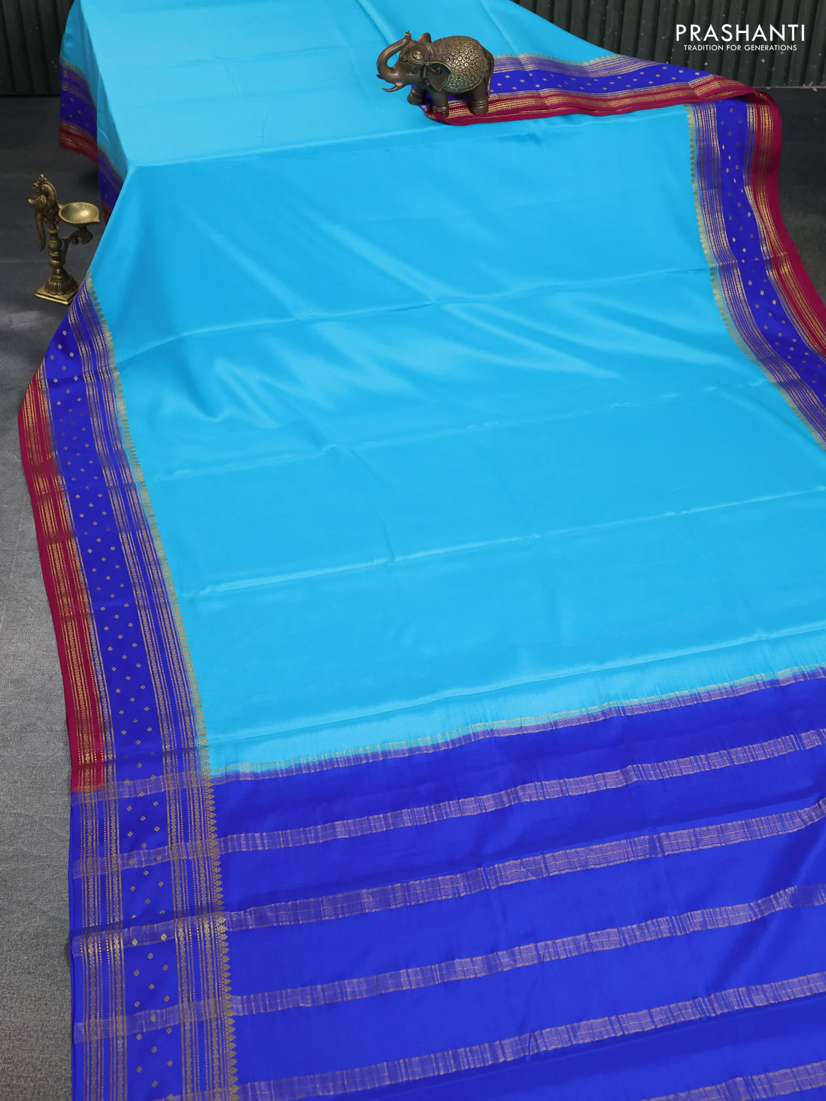 Pure mysore silk saree light blue and royal blue pink with plain body and zari woven border - Image 2
