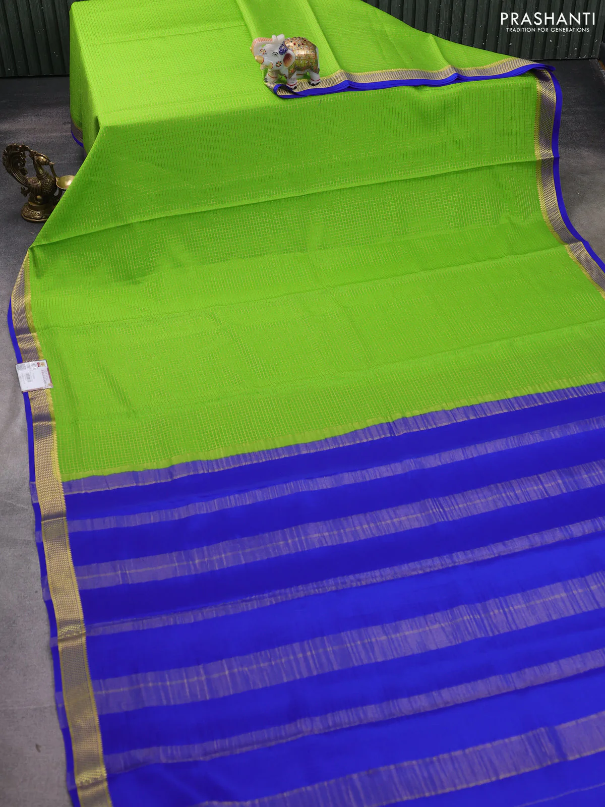 Pure mysore silk saree light green and blue with allover small zari checked pattern and zari woven border - Image 2