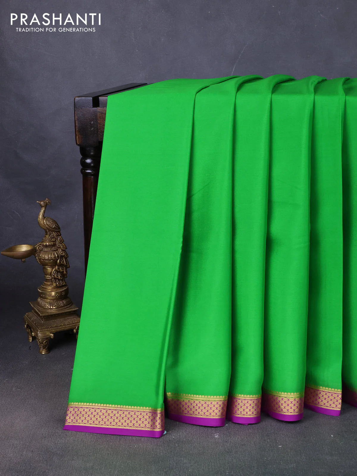 Pure mysore silk saree light green and purple with plain body and zari woven border