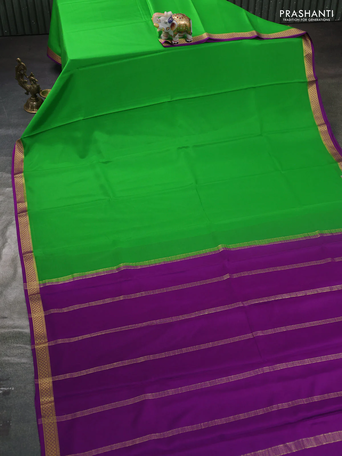 Pure mysore silk saree light green and purple with plain body and zari woven border - Image 2