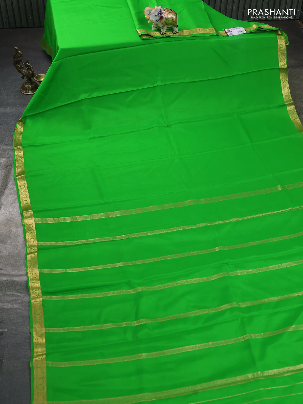 Pure mysore silk saree light green with plain body and zari woven border - Image 2