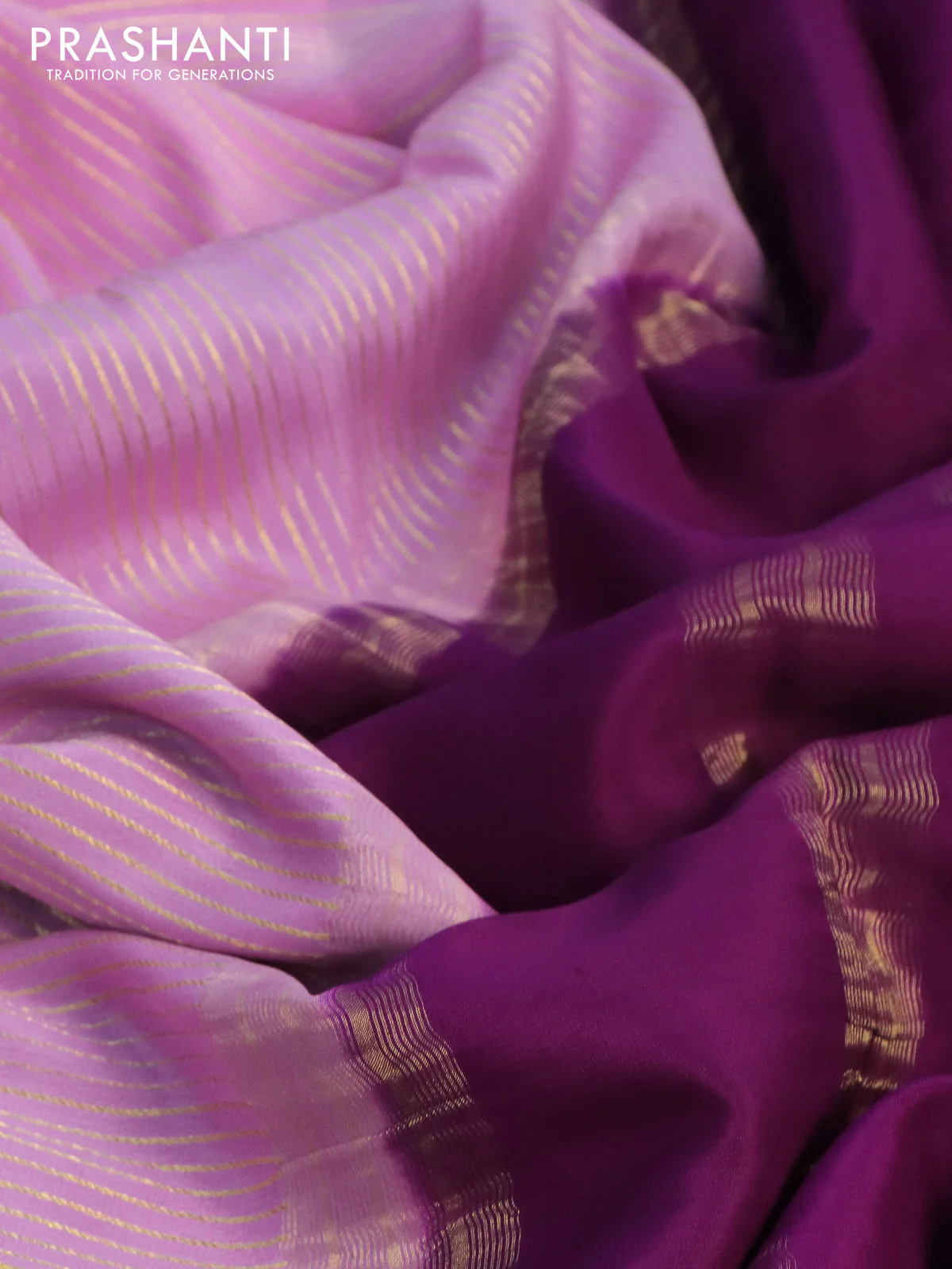 Pure mysore silk saree light pink and deep purple green with allover zari woven stripes pattern and zari woven border - Image 3