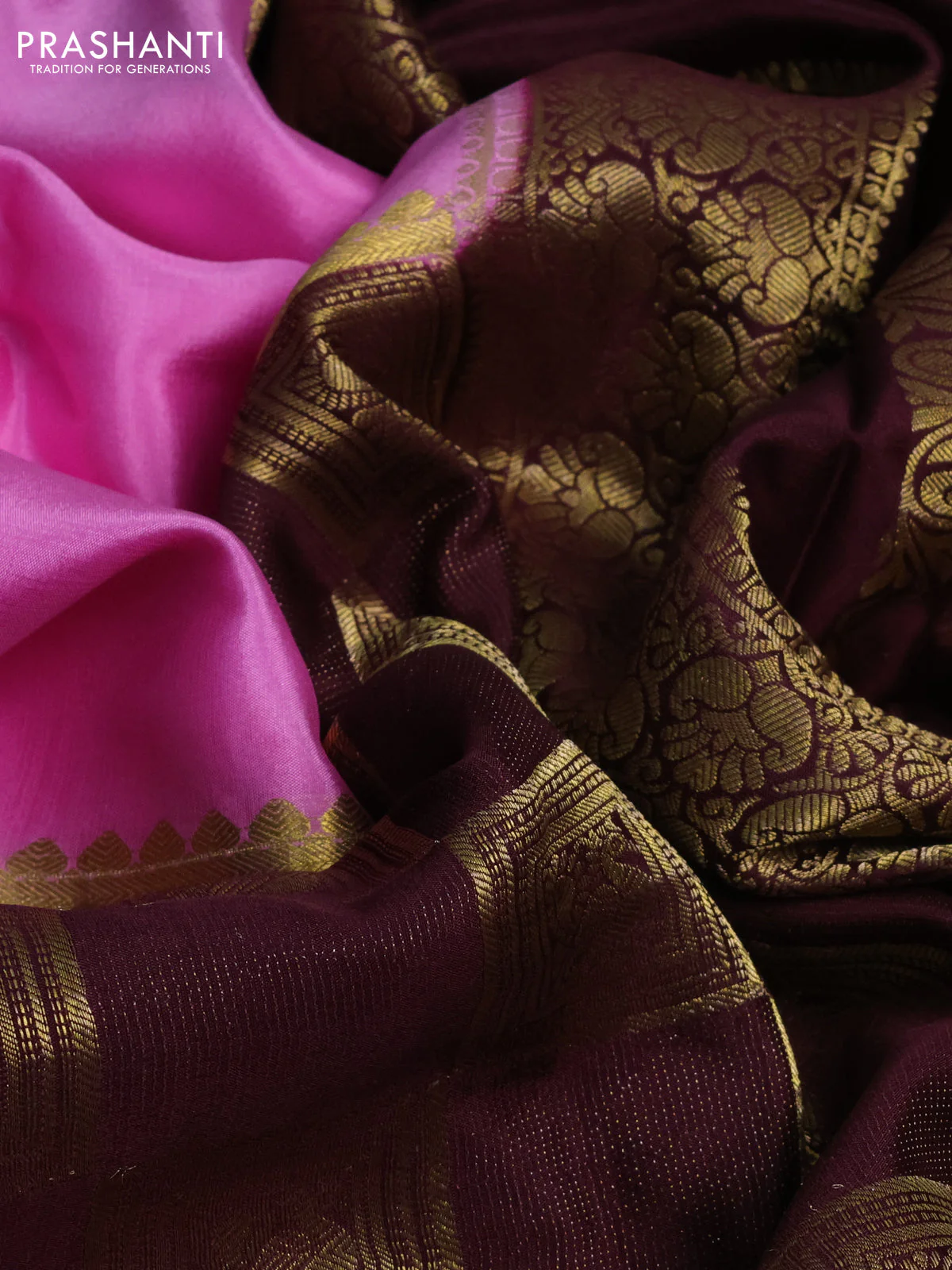 Pure mysore silk saree light pink and deep wine shade with half & half style and zari woven border - Image 2