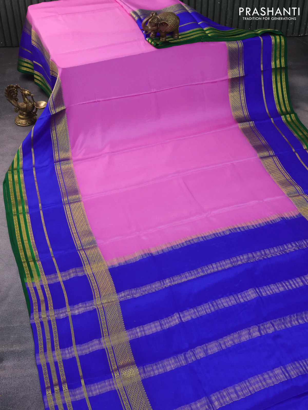 Pure mysore silk saree light pink and royal blue green with plain body and zari woven border - Image 2
