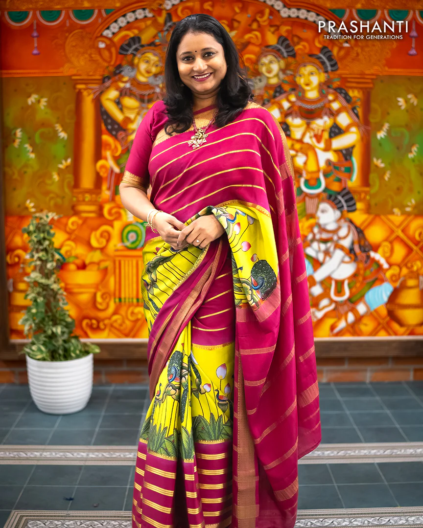 Pure mysore silk saree lime green and magenta pink with allover pichwai prints and long zari woven border - Image 3