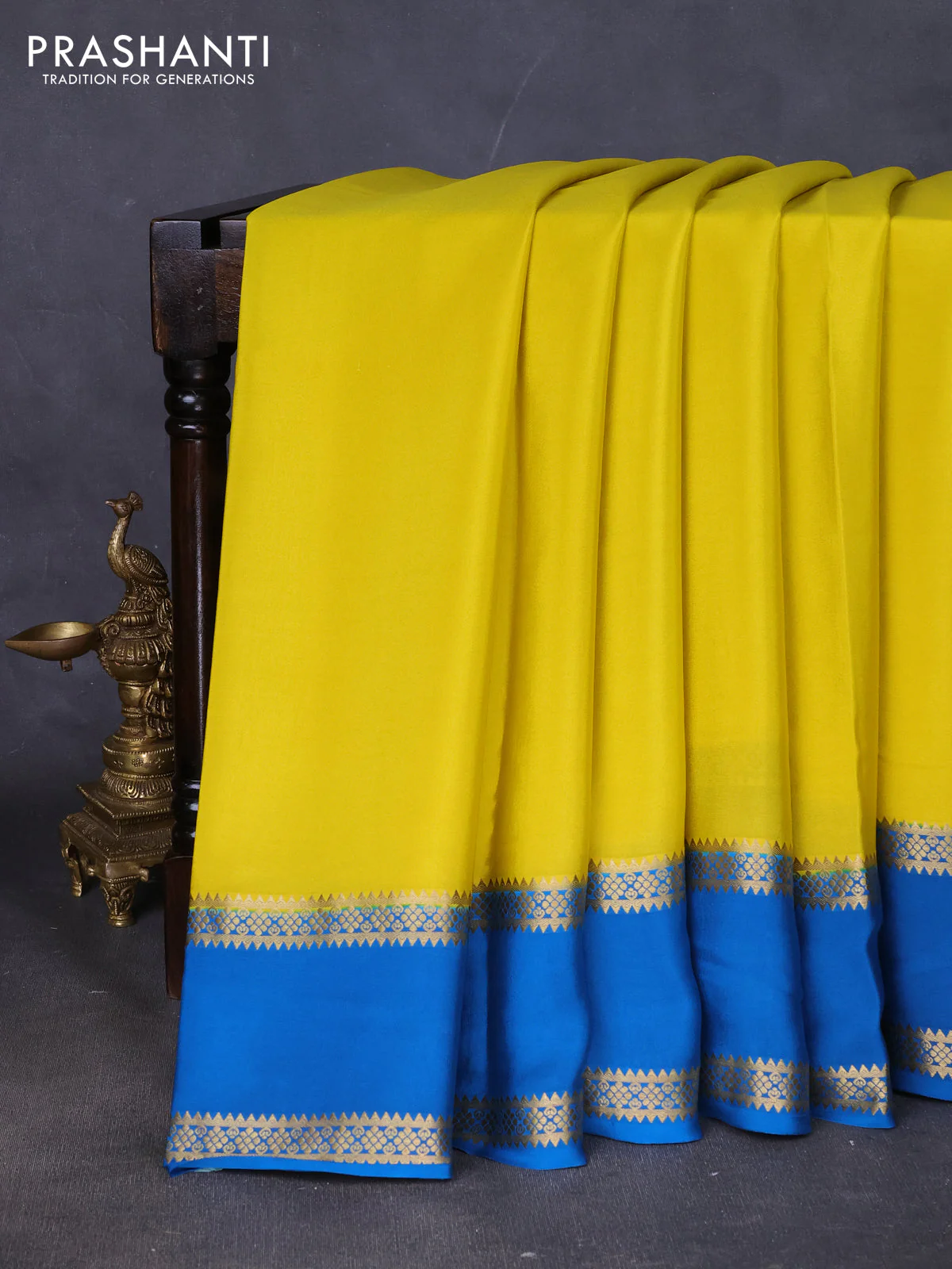 Pure mysore silk saree lime yellow and cs blue with plain body and rettapet zari woven border