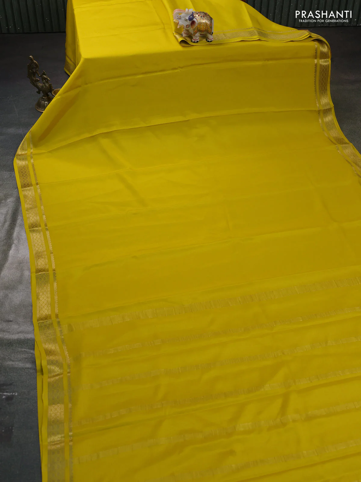 Pure mysore silk saree lime yellow with plain body and zari woven border - Image 2