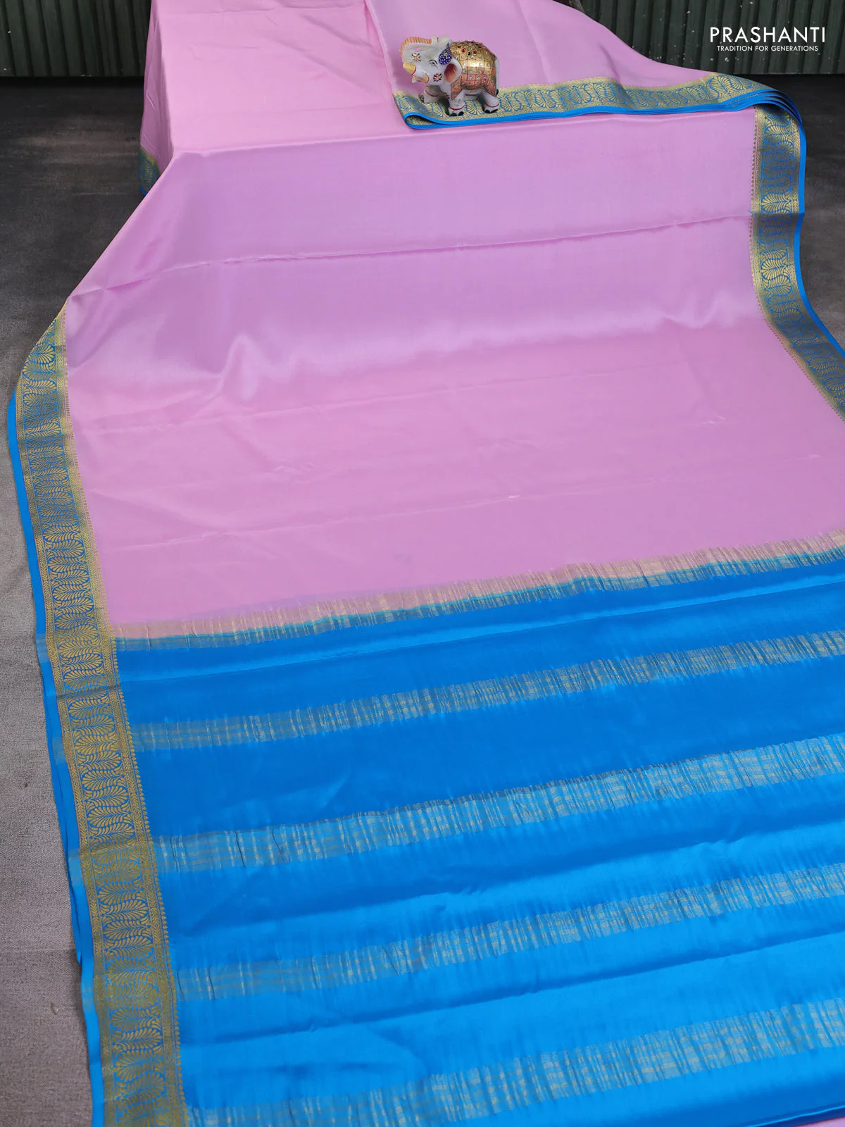 Pure mysore silk saree lotus pink and cs blue with plain body and zari woven border - Image 2