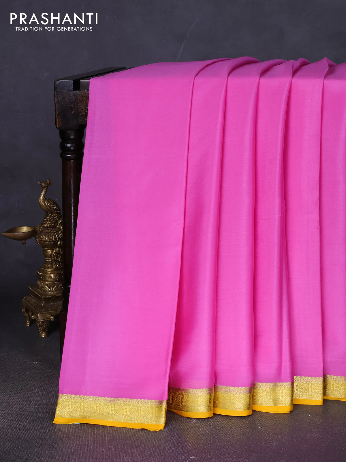 Pure mysore silk saree lotus and yellow with plain body and zari woven border