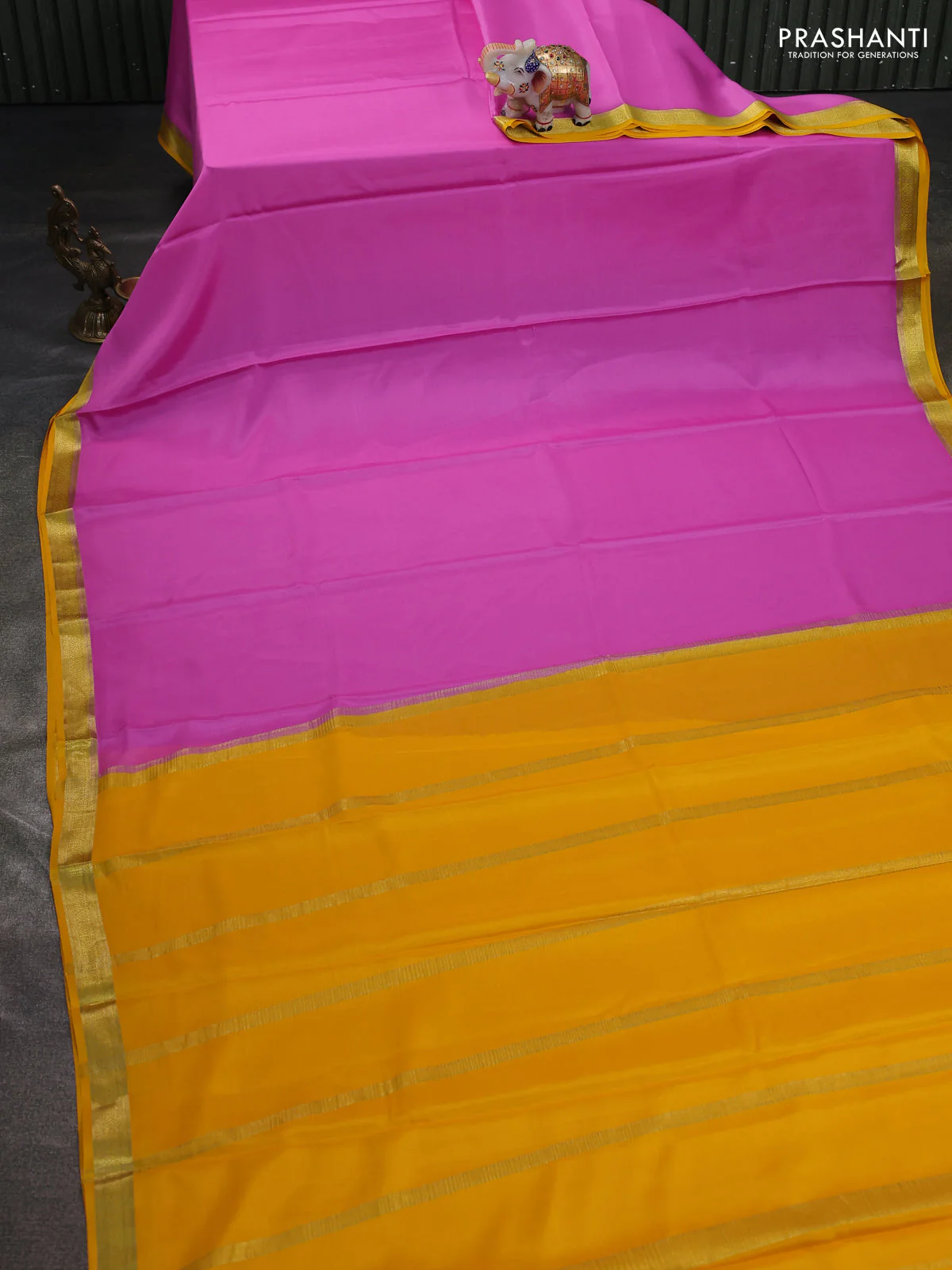 Pure mysore silk saree lotus and yellow with plain body and zari woven border - Image 2