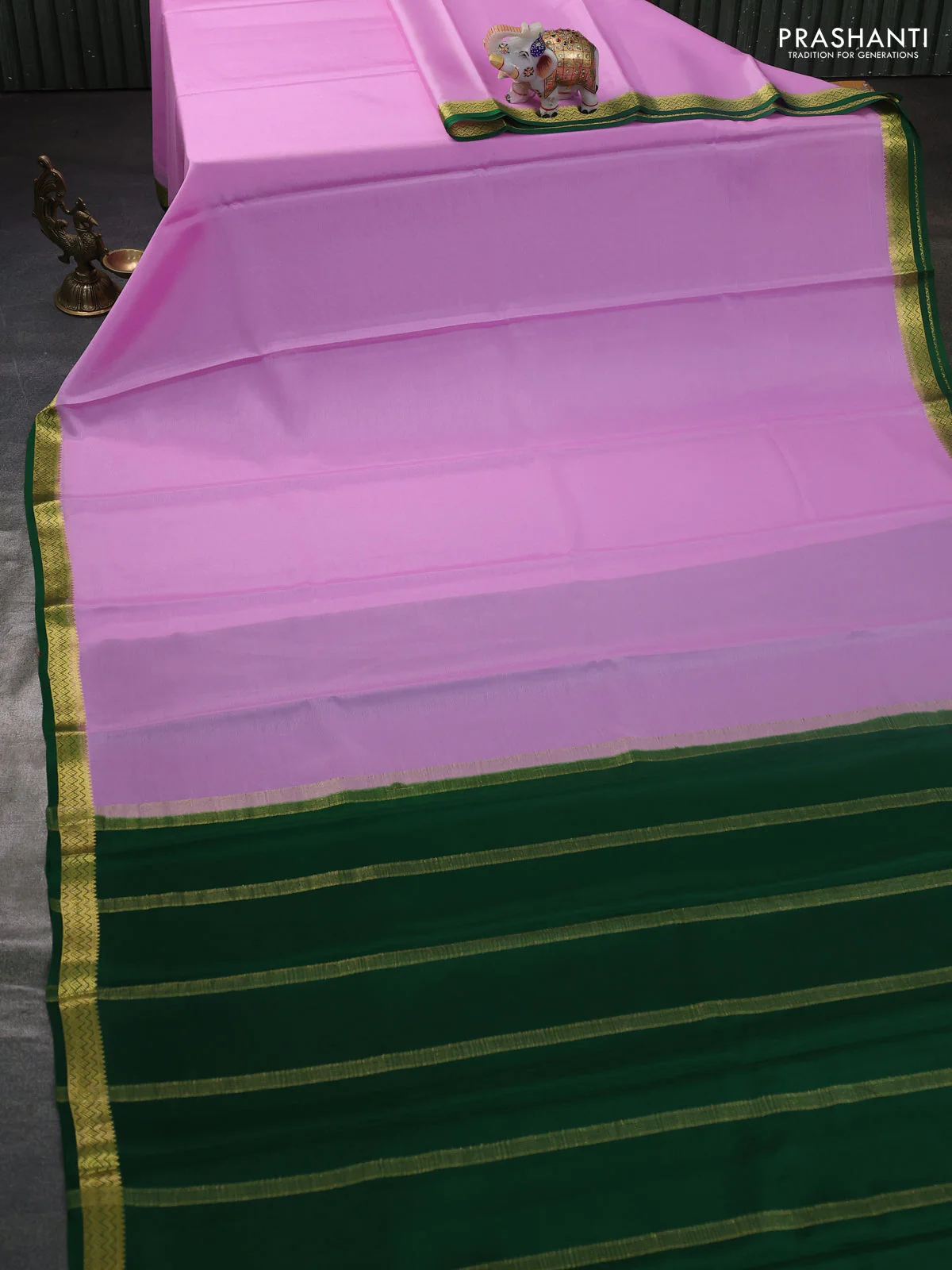 Pure mysore silk saree lotus pink and green with plain body and zari woven border - Image 2